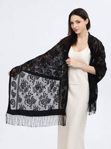 1pc Women's Knit Solid Color Paisley Floral Handmade Floral Lace Fringe Scarf, Fashion Soft Warm Shawl Wrap For Party, Versatile All Season - Lace Cashew - View 13