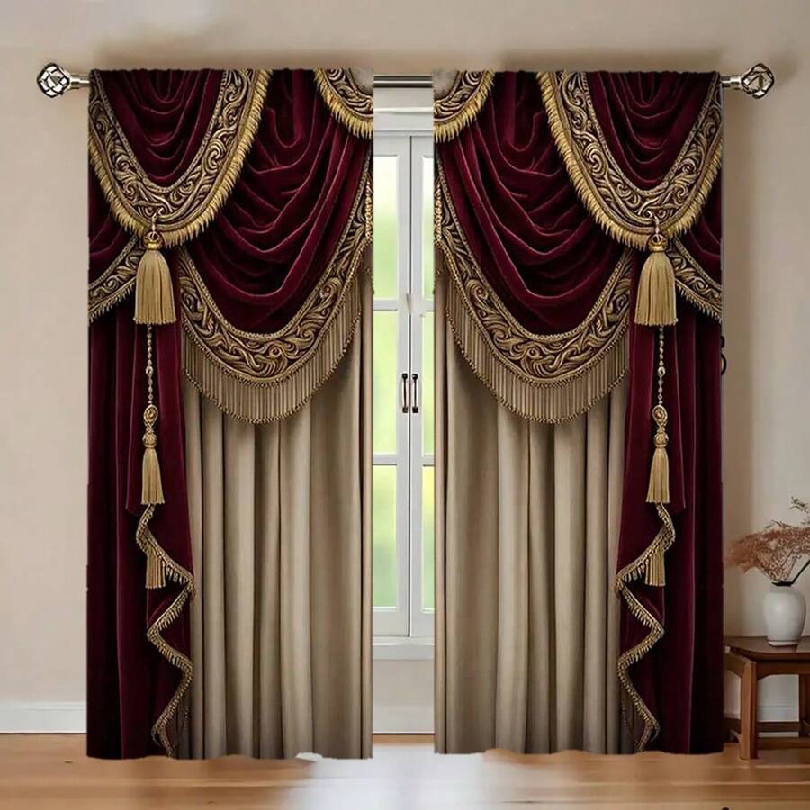 2 Pieces Luxury French Style Vintage Red Curtains, Modern Design, Pole Pocket Installation, Digital Printing Polyester Fabric, Fashion Theme, Semi-Sheer Opaque, Machine Washable, Suitable For Living Room, Bedroom, Study, Dining Room Decor - Rods Not Included, No Tassels - Multicolor - View 1