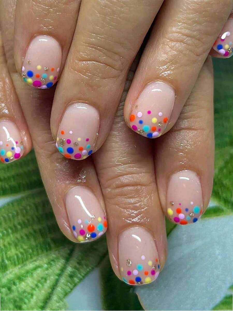 24pcs/Set Short Square Polka Dot Glossy Nail Stickers, Full Coverage Fake Nails Suitable For Fashionistas, Office Ladies, Parties, Dates And Daily Wear. Nail Art Supplies, Essential For Manicure. - Multicolor - View 1