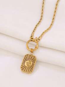 1pc Stainless Steel Moon Pendant Necklace For Women Fashion Engraved Square Charms Twist Chain Necklaces Jewelry Gift