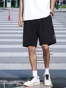 Summer Workout Men's Black Casual Sports Shorts With Adjustable Drawstring And Reflective Details, Suitable For Outdoor Activities Like Running, Hiking, Trekking