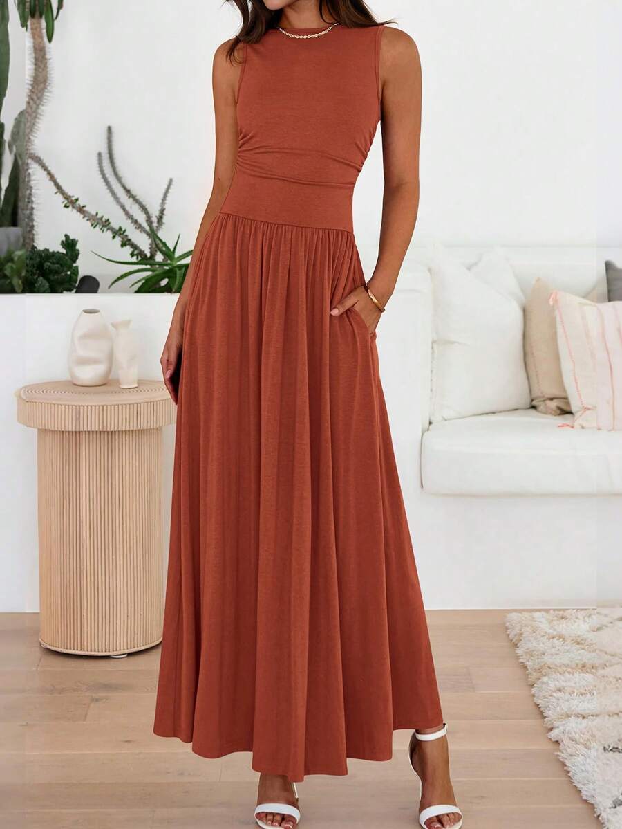 Women Sleeveless Maxi Dresses Crew Neck High Waisted Patchwork Ruched Tank Summer Dress With Pockets Beach Holiday Vacation Valentine