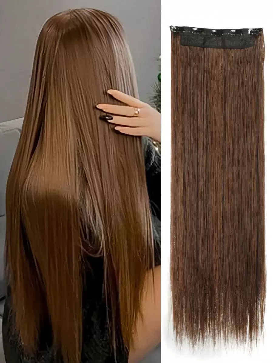 20" 24" 28" 32" 40"淺棕色合成纖維髮延長套件5顆夾子長直頭熱阻髮片女性每日自然髮型使用