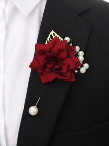 1pc Chest Flower + 1pc Wristband Flower Set, Unisex Navy Blue Camellia Flower With Gold Leaf & Bead Decor, Groom/Groomsman/Bridesmaid Corsage, Wedding, Party, Daily Wear Bracelet