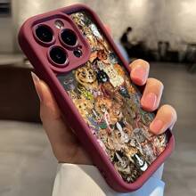 1pc Wine Red Matte Cracked Texture Cute Cat Pattern Phone Case, Compatible With IPhone 16 Pro Max, 15/14Plus, 13, 12, 11, And Series