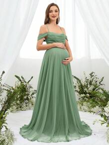 Faeriesty Dressalisa Sophisticated Off-Shoulder Backless Babyshower Dresses With Adjustable Back Ties & Flowing A-Line Silhouette – Perfect For Baby Showers, Formal Events, Wedding Receptions, Gala Dinners, And Maternity Photoshoots