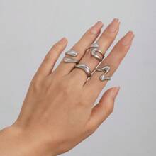 4pcs Set Niche Designed Glossy Lava Alloy Open Ring, Fashionable Luxury Geometric Arc Shape High-End Rings, Suitable For Women Daily Wear - Silver - View 6