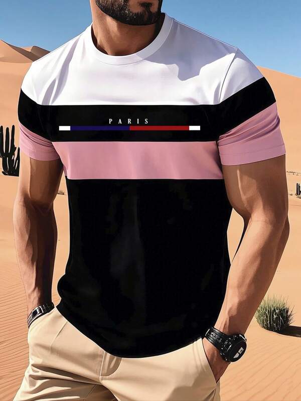 Herren Patchwork Kurzarm T-Shirt, minimalistisch & modisch, passend für den Sommer