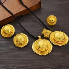 3pcs Set /Arabic Golden Color Round Geometric Jewelry Set, Pendant Earrings Ring, Traditional African Bride Wedding Accessories Gift - A - View 5
