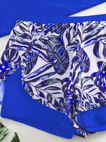 Summer Beach Patchwork Tropical Print Long Sleeve Tankini Swimwear Set - Blue - View 5