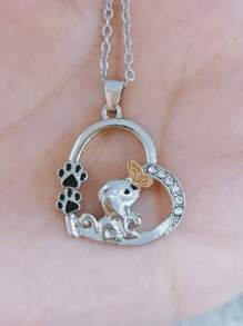 1 件时尚可爱小狗蝴蝶水晶吊坠项链女士 - 銀色 - 查看 7