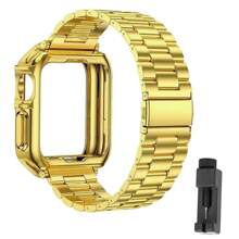 2 Pcs Gold Compatible With Apple Watch Band & Compatible With Apple Watch Protective Case Fits For Rugged Men's Outdoor Training Watches, Ultra SE 8 7 6 5 4 3 2 1 Series 38mm 41mm 42mm 44mm 45mm 49mm, Unisex Replaceable Stainless Steel Metal Strap And Detachable TPU Soft Material Hollow Protective Case, Gold/Black/Silver