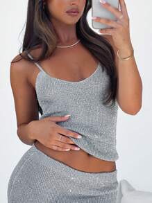 Women 2-Piece Bright Silk Skirt Set Spaghetti Strap Scoop Neck Cami Long Skirt Bodycon Outfit - Grey - View 4