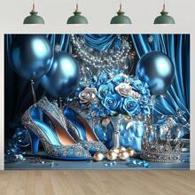 优雅的蓝色生日背景，配有气球、鲜花和闪亮的高跟鞋 - 聚酯照片亭装饰，适合派对庆祝活动，庆祝装饰品 | 节日活动装饰品 | 精美的设计，生日派对装饰礼物毕业