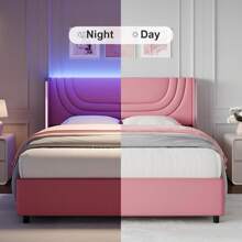 Modern LED Upholstered Bed Frame With Silver Wingback Headboard – Soft PU Leather, Platform Design, Easy Assembly, Twin Bed Frame / Full Bed Frame/ Queen Bed Frame / Twin /Full / Queen Size Bed Frame, Black/Pink/Beige (USB LED Strip) - 粉色 - 查看 4