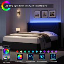 Modern LED Upholstered Bed Frame With Silver Wingback Headboard – Soft PU Leather, Platform Design, Easy Assembly, Twin Bed Frame / Full Bed Frame/ Queen Bed Frame / Twin /Full / Queen Size Bed Frame, Black/Pink/Beige (USB LED Strip) - 黑色 - 查看 2