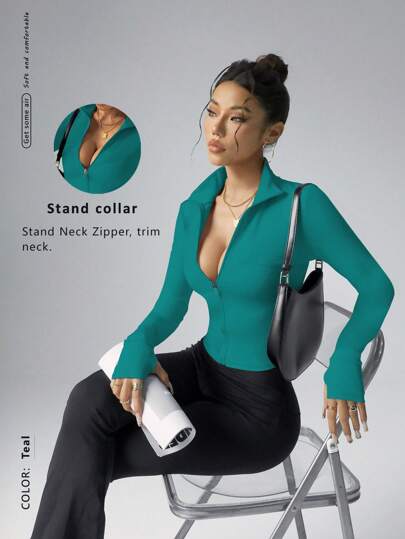 FWH 女士时尚瑜伽户外跑步通勤约会防晒必备弹力舒适塑形背部腹部收腹健身复古高端街头优雅运动服跑步健身套装拉链弹力简约时尚性感修身长袖瑜伽外套