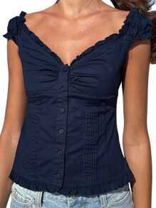 Women's Button Down Tops Fashion Cap Sleeve Solid Color Slim Fit Frill T-Shirts Summer Blouses - Màu xanh lam - Xem 1