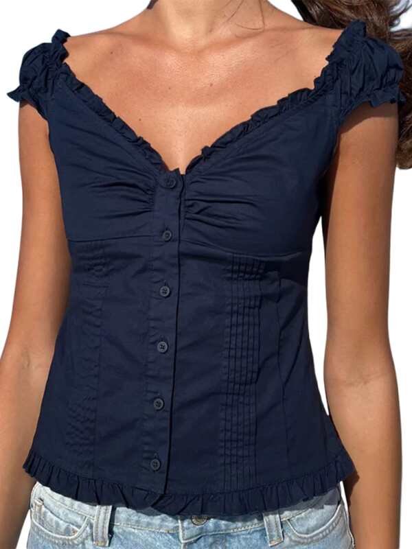 Women's Button Down Tops Fashion Cap Sleeve Solid Color Slim Fit Frill T-Shirts Summer Blouses