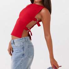 Women's Summer Tank Tops Solid Color Sleeveless Boat Neck Side Buckle Slim Fit Vest - 紅色 - 查看 1