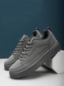 Men's Casual Sports Shoes, Comfortable Breathable Flat Casual Shoes, PU Material Fabric Lining, EVA Anti-Skid Sole, Solid Color Lace-Up Men's Casual Shoes, Suitable For Outdoor, Walking, Street Skateboarding - Grey - View 2