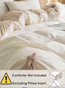 3pcs Bicolor Beige & White Bedding Set, Pillowcase And Duvet Cover, Back To School - Putih - View 4