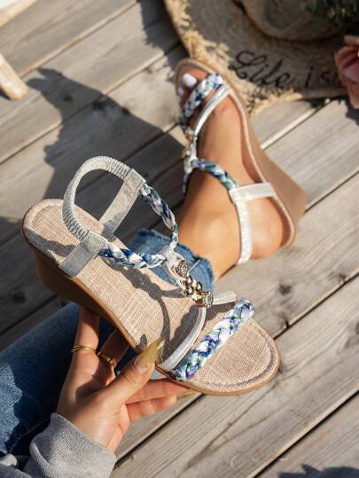 WRCVS Silver Women's Woven Strap Sandals, Summer Platform Thick Bottom Sandals, Handmade Beaded Woven Shoes, Lightweight Vacation Sandals, Bohemian Style Wedge Shoes