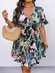 Plus Size V-Neck Waisted Floral Print Dress, Fashionable And Slimming - Blue - View 6