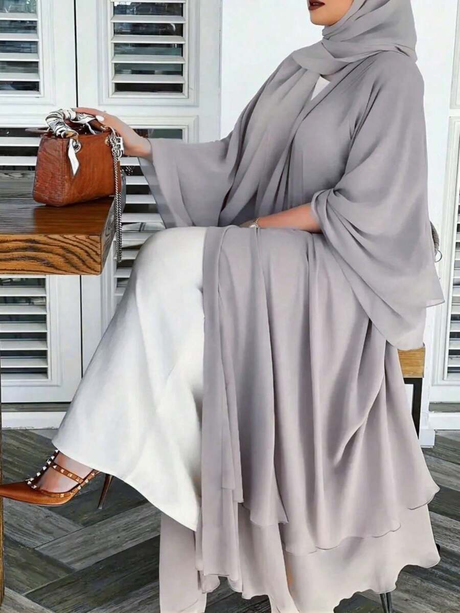 1 chiếc Abaya hai lớp bằng vải chiffon, màu trơn, kiểu dáng rộng rãi, thoải mái, phù hợp cho nữ cỡ lớn, kiểu áo cardigan mở, kín đáo cho lễ Eid mùa xuân. - Xám - Xem 1