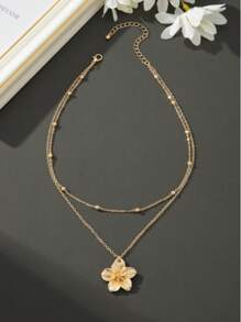 1pc 2025 New Arrival Fashion Unique Double-Layer Flower Pendant Necklace, Golden