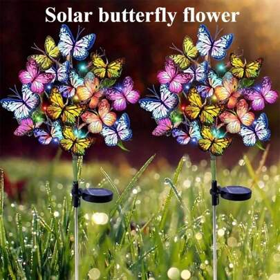 1pc/2pcs Solar Butterfly Flower Lights For Outdoor Decoration. Solar Courtyard Lights Are Suitable For Garden Passages, Courtyard Terraces, Villa Atmosphere Decoration, Artificial Butterflies, And Mother's Day Gifts (Warm Light, Color)