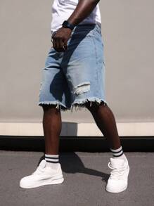 Herren Denim Shorts in Große Größen, Hellblau, Used-Optik, ausgefranster Saum