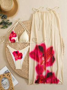 Set bikini con stampa floreale in stile boho con scollo alla halter, set da 3 pezzi con pareo abbinato, per l estates e le vacanze al mare