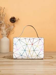 Fashionable Geometric Triangle Rhinestone Rhombus Shape Laser Holographic Small Square Bag With Flap Crossbody Chain Shoulder Bag, Large Capacity Evening Tote Bag, PU Leather Horizontal Elegant Women Handbag