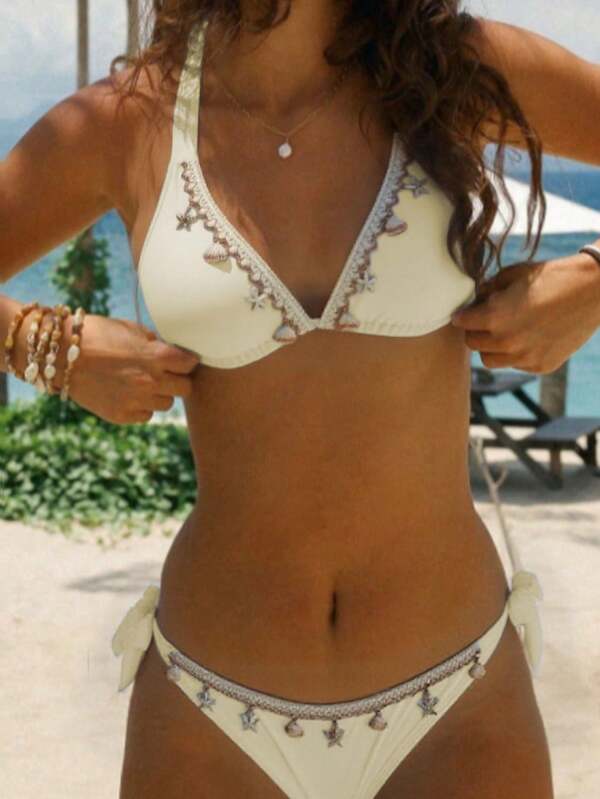 2pcs/Set Women Ocean Theme Decorative Sexy Casual Bikini Set, Halter Solid Color Swimwear For Beach And Pool, Spring/Summer Vacation,Removable Swimwear Pads,Beige Swimsuit,Summer Dresses For Women,Summer Clothes Women,Festival,Skirts,Ibiza Outfits,Swimwear Women,Bikini Set,Swimming Costume Women,Beach Wear Women,Holiday Co Ord,Beach Dress,Bikinis For Women Sets