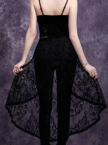 女士蕾丝不对称下摆索环天鹅绒缎带系带吊带背心，饰有金色水钻细节 - 黑色 - 查看 2