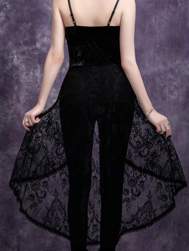 女士蕾丝不对称下摆索环天鹅绒缎带系带吊带背心，饰有金色水钻细节 - 黑色 - 查看 2