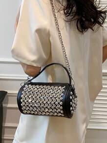 女士水桶包，时尚闪亮水钻点缀优雅浪漫迷人派对手提包，单肩/斜挎包黑色 - 黑色 - 查看 6