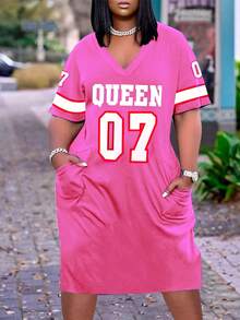 Summer Fashion Letter Print Loose V-Neck Dress - Hot Pink - View 2