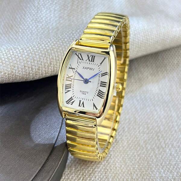 1 Pc Classic Elastic Metal Band, Barrel Shaped Case, Blue Luminous Pointer, Roman Numeral Dial, Retro Quartz Couple/Elderly Watch