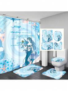 1pc/4pcs Ocean Creatures Multifunctional Bathroom Decoration Set: Waterproof Shower Curtain With 12 Hooks, Anti-Slip Bath Mat, U-Shape Floor Mat, And Round Toilet Seat Cover - Comprehensive Bathroom Solution Bathroom Accessories Back To School