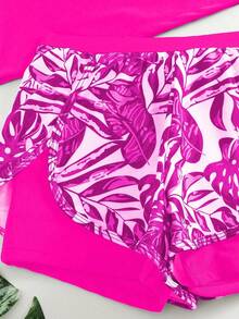 夏季热带印花拼布长袖分体泳衣套装 - 玫紅色 - 查看 5