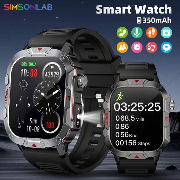 SIMSONLAB 2025 升级款运动型智能手表，配备 2.01 英寸 IPS 显示屏，运动型智能手表带手电筒/旋转表冠，350mAh 长电池寿命运动型智能手表支持无线通话/信息警报/游戏/语音助手，健身追踪器支持 100 多种多功能运动模式/SOS 紧急联系人，男士运动型智能手表，男士智能手表，兼容 IOS/Android