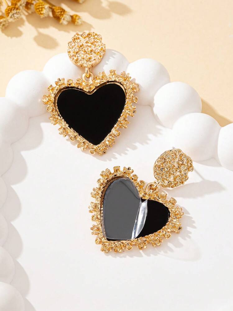 1 Paar Damen Vintage luxuriöse Harz Herz Zinklegierung elegante Hänge-Ohrringe, geeignet für den täglichen Gebrauch, Valentinstag, Mama, Mutter, Muttertag, Geschenk - Schwarz - Übersicht 5