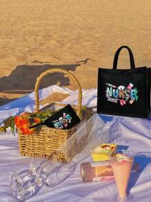 护士主题手提包，轻便购物袋，兼具便携旅行沙滩包和化妆包功能，配有听诊器、注射器图案印花设计，亚麻大容量手提包，手提包和化妆包套装