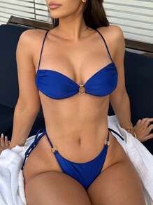 新款女士纯色颈带环褶内裤高腰高弹力侧带性感高弹力比基尼两件套套装。 - 藍色 - 查看 7