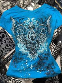 Women Vintage Graphic Print Tee Short Sleeve T-Shirts Y2K Fairy Grunge Round Neck Shirts Summer Gothic Slim Fit Crop Tops 2000s Aesthetic E-Girls Shirt Retro Streetwear - 藍色 - 查看 3