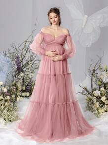 Faeriesty Dressalisa Elegant Off-Shoulder Maternity Gown With Lantern Sleeves & Flowing Tulle A-Line Skirt – Baby Shower Dresses For Bridal Showers, Formal Dinners, Garden Weddings, Maternity Celebrations, Upscale Gatherings