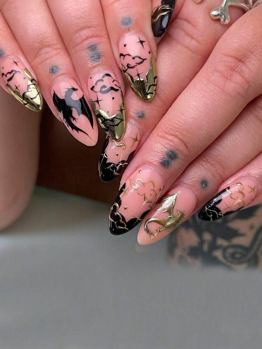 Instantly Upgrade Your Look With 24 Pcs Of Almond-Shaped Press On Nails Gift Box With Dragon'S Inheritance Cool Flame Black Gold Battle Dragon Hand-Painted Clouds Flash Stars Stripes Asymmetrical French Edge Handsome Girl Gifts, Dating Portable Fake Nails With Jelly Glue 1 Piece File Strip 1 Nail Supplies Nails