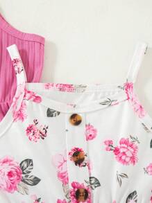 Conjunto de 3 piezas para niñas jóvenes: Camisola y shorts con estampado de flores en color liso acanalado - Rosa Fucsia - Ver 8
